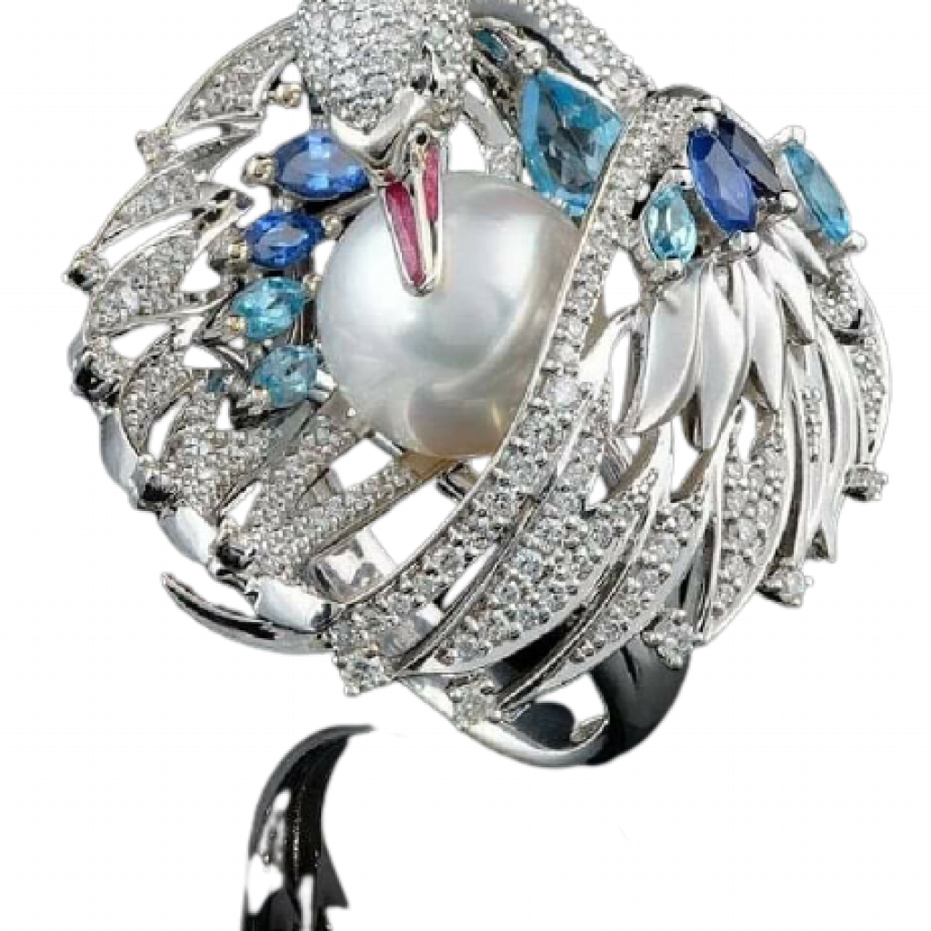 Swan_Ring__made_of_pearl__diamonds__blue_sapphire__topaz__18crt_white_gold_and_enamel. Birds of Paradise collection