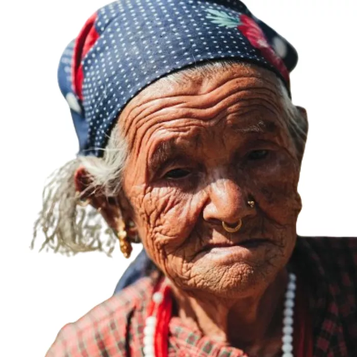 Old Nepalese lady with golden septum nose jewelry Old Nepalese lady with golden septum nose jewelry