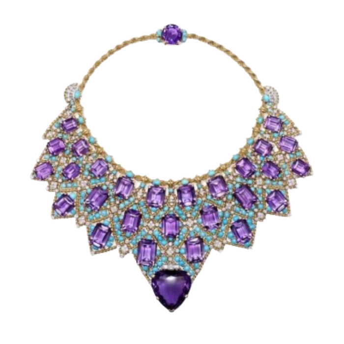 Draperie necklace by Cartier, 1947, made of diamonds, amethysts, turquoise, gold, and platinum. Bought by the Duke of Windsor as a present for mrs Wallis Simpson, his wife. 
