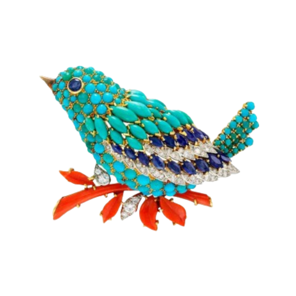 A bird clip, depicting a bird, made of platinum, yellow gold, sapphire, turquoise, and coral (1963).