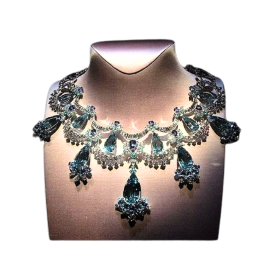 Part of the Comté de Grimm collection. The necklace is made of aquamarine and diamonds.