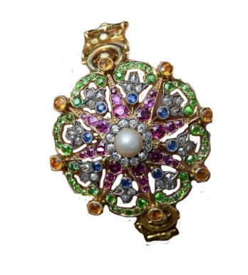 Yellow gold bracelet featuring demantoid garnet, citrine, rose-cut diamonds, sapphire, ruby, and natural pearl, circa 1880.