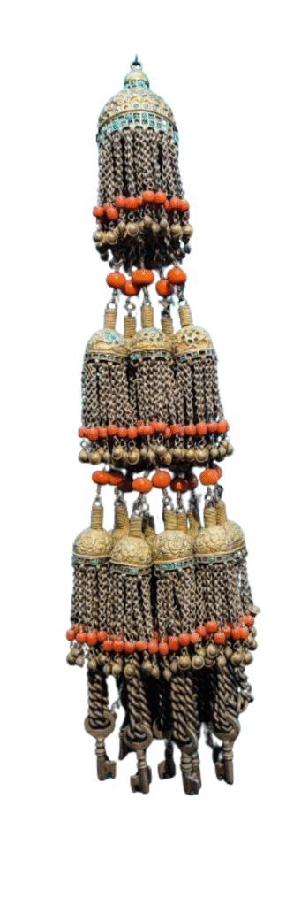 Uzbek belt decoration, used by women, made from copper, coral and turquoise.
